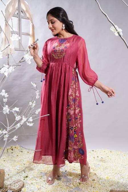 Buy_The White Tree Studio_Maroon Anarkali- Chanderi (70% Cotton And 30% Silk) Embroidered Applique Set _Online_at_Aza_Fashions