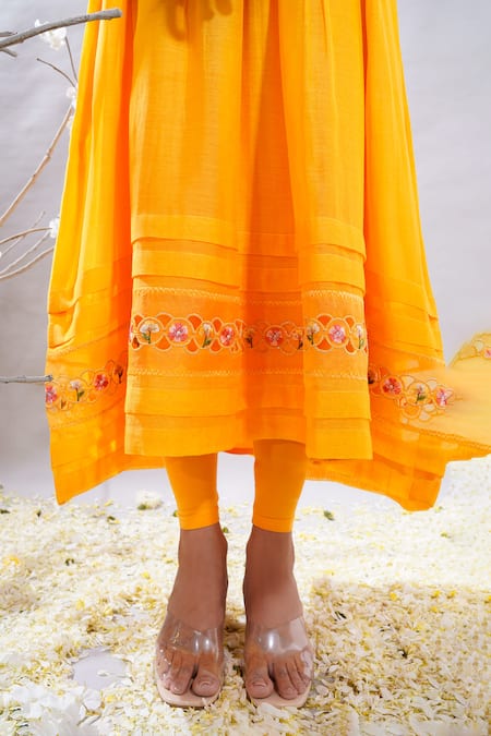 Shop_The White Tree Studio_Yellow Chanderi, Cotton, Lycra Embroidery Aftab Hem Anarkali And Leggings Set _Online_at_Aza_Fashions