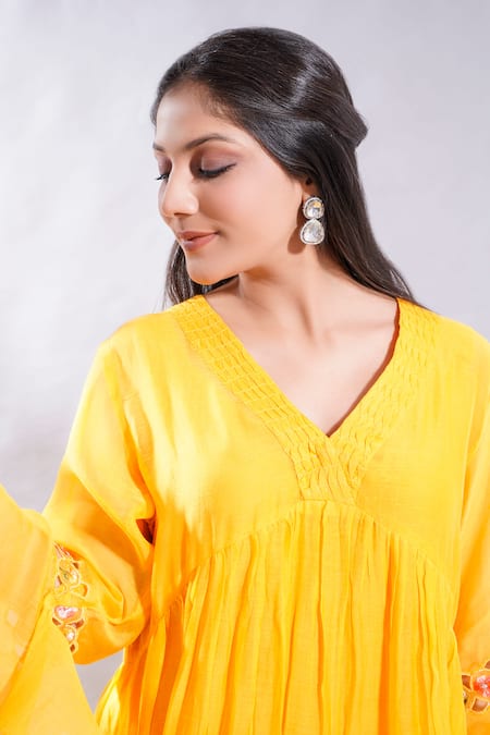 The White Tree Studio_Yellow Chanderi, Cotton, Lycra Embroidery Aftab Hem Anarkali And Leggings Set _at_Aza_Fashions
