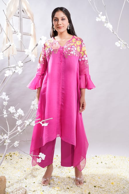 The White Tree Studio_Fuchsia Chanderi, , Satin, Lycra Shazia Floral Kurta And Palazzo Set _Online_at_Aza_Fashions