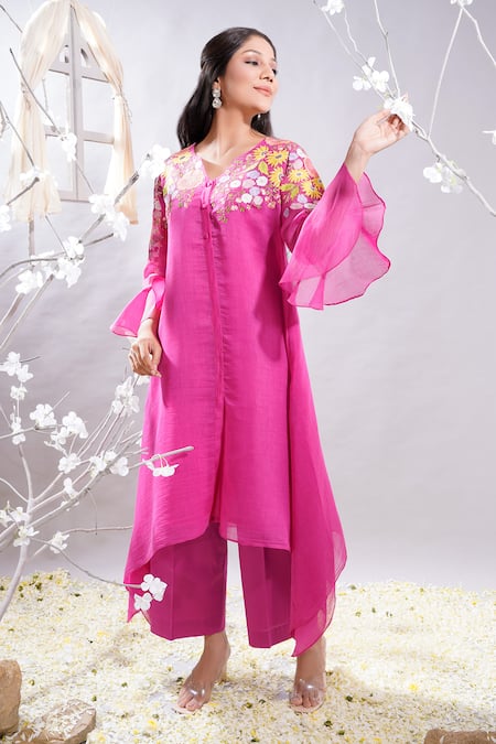 Buy_The White Tree Studio_Fuchsia Chanderi, , Satin, Lycra Shazia Floral Kurta And Palazzo Set _Online_at_Aza_Fashions