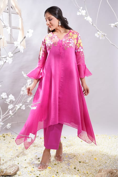 Shop_The White Tree Studio_Fuchsia Chanderi, , Satin, Lycra Shazia Floral Kurta And Palazzo Set _Online_at_Aza_Fashions