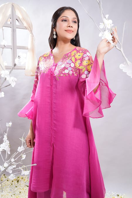The White Tree Studio_Fuchsia Chanderi, , Satin, Lycra Shazia Floral Kurta And Palazzo Set _at_Aza_Fashions