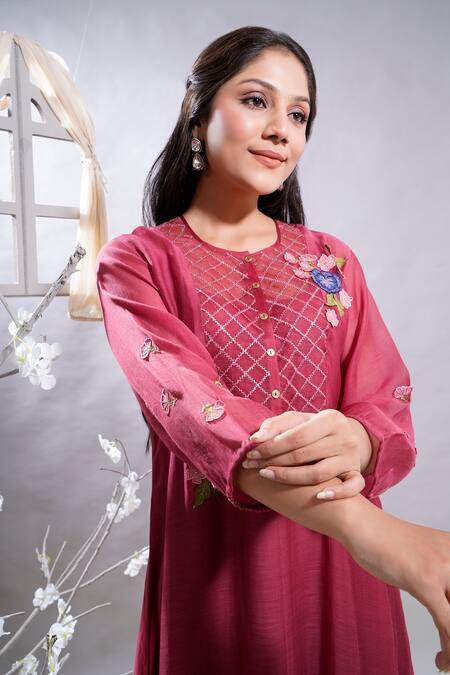 Buy_The White Tree Studio_Maroon Kurta- Chanderi (70% Cotton And 30% Silk) Parizad & Leggings Set _Online_at_Aza_Fashions