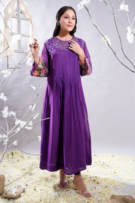 Buy_The White Tree Studio_Purple Chanderi, , Satin Manzar Sleeve Kurta And Leggings Set _Online_at_Aza_Fashions