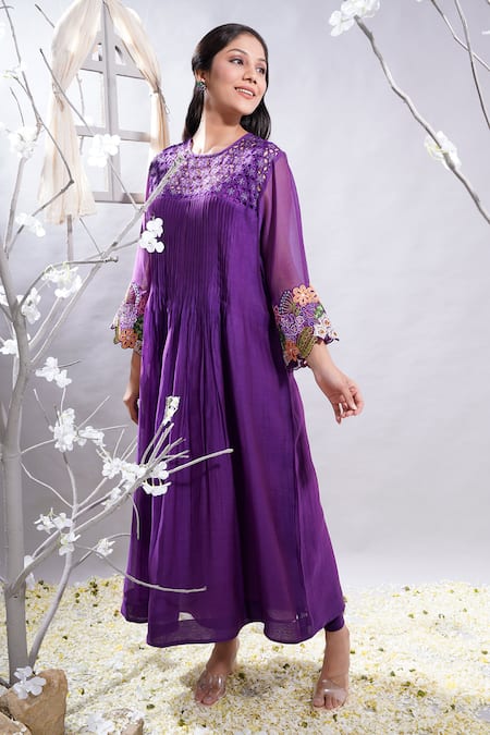 Shop_The White Tree Studio_Purple Chanderi, , Satin Manzar Sleeve Kurta And Leggings Set _Online_at_Aza_Fashions