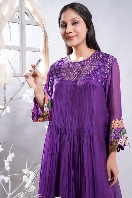 The White Tree Studio_Purple Chanderi, , Satin Manzar Sleeve Kurta And Leggings Set _at_Aza_Fashions