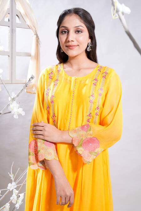 Shop_The White Tree Studio_Yellow Anarkali- Chanderi (70% Cotton And 30% Silk) Afsheen & Leggings Set _Online_at_Aza_Fashions
