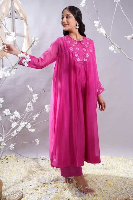 The White Tree Studio Fuchsia Anarkali- Chanderi (70% Cotton And 30% Silk) Dilshad & Palazzo Set 