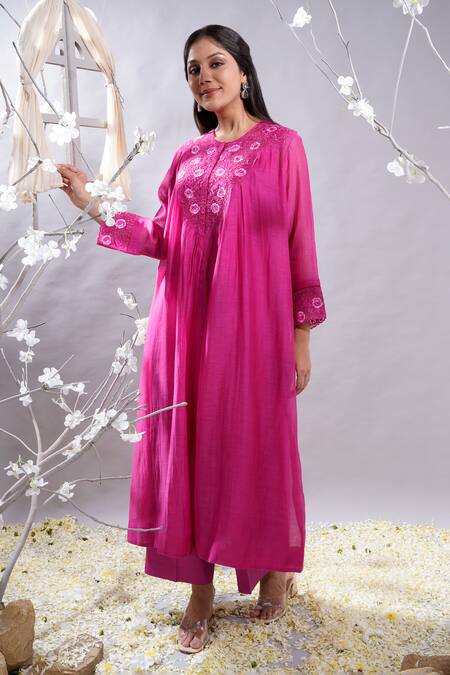 Buy_The White Tree Studio_Fuchsia Chanderi, , Satin Dilshad Floral Anarkali And Palazzo Set _Online_at_Aza_Fashions