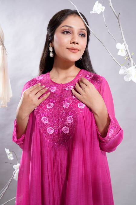 Shop_The White Tree Studio_Fuchsia Chanderi, , Satin Dilshad Floral Anarkali And Palazzo Set _Online_at_Aza_Fashions