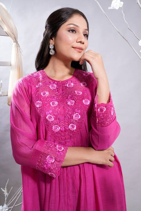 The White Tree Studio_Fuchsia Chanderi, , Satin Dilshad Floral Anarkali And Palazzo Set _at_Aza_Fashions