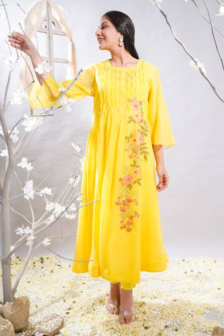 Buy_The White Tree Studio_Orange Chanderi, , Satin, Lycra Zoya Floral Kurta And Leggings Set 