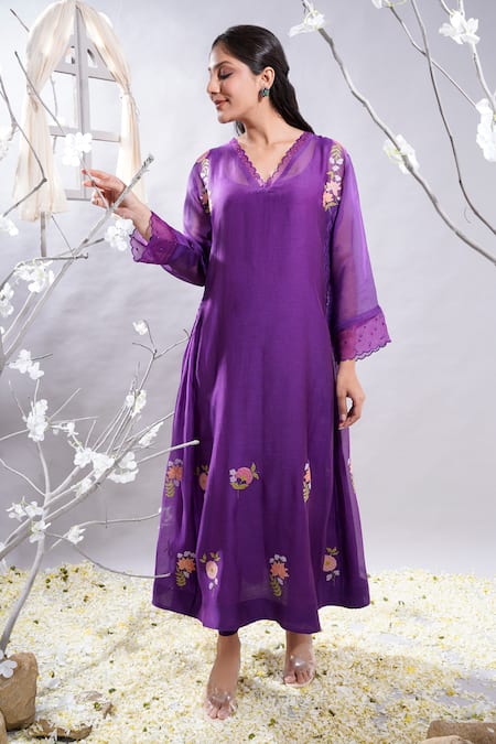 Buy_The White Tree Studio_Purple Chanderi, , Satin, Mehrang Floral Kurta And Leggings Set 