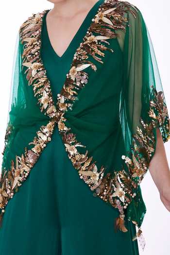 Dilnaz_Emerald Green Net Embroidery Sequin Open Applique Embellished Kaftan _Online_at_Aza_Fashions