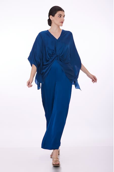 DILNAZ Blue Blended Satin Plain Plunge V Neck Draped Kaftan  