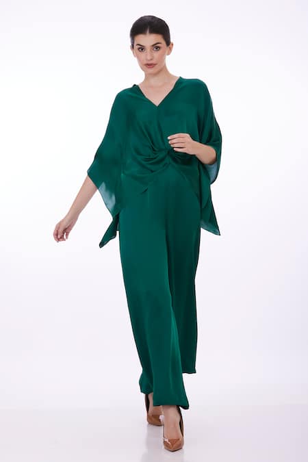 DILNAZ Emerald Green Blended Satin Plain V Neck Solid Draped Kaftan  