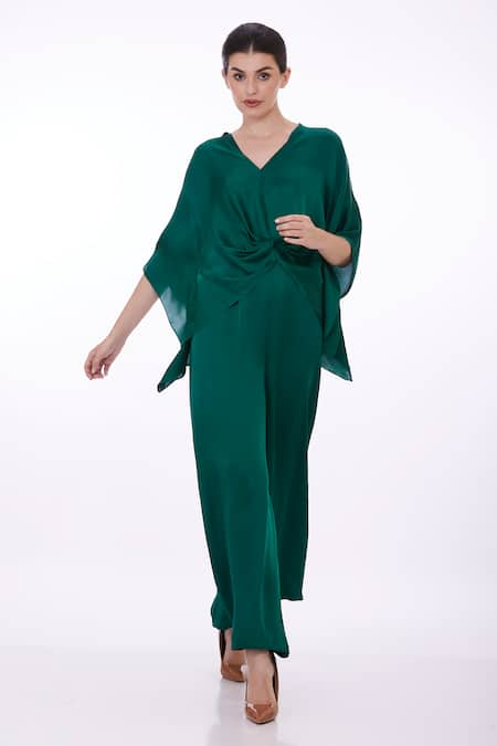 DILNAZ Emerald Green Blended Satin Plain Plunge V Neck Solid Draped Kaftan  