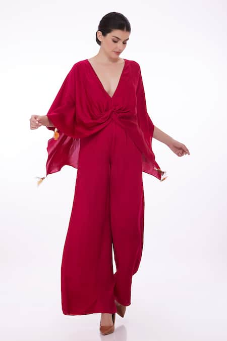 DILNAZ Pink Blended Satin Embellished Feather Plunge V Border Draped Kaftan  