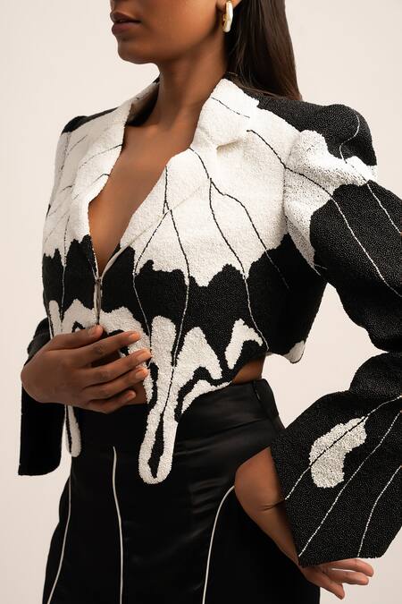 Shop Siddhant Agrawal White Viscose, Polyester Beads Opulent Morpho Embroidered Blazer Online at Aza Fashions Shop_Siddhant Agrawal_White Viscose, Polyester Beads Opulent Morpho Embroidered Blazer _Online_at_Aza_Fashions