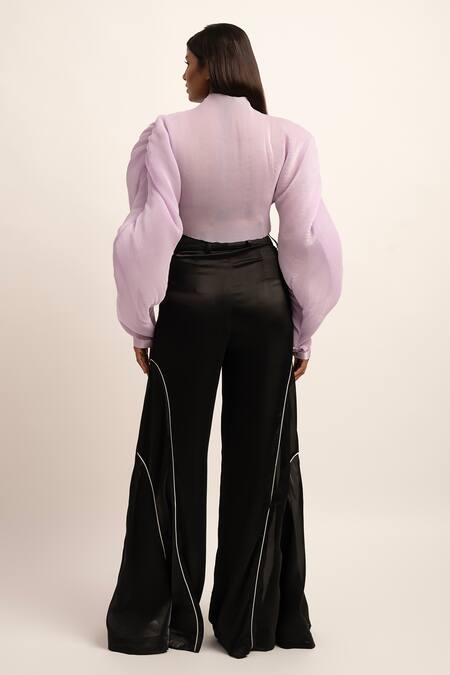 Shop_Siddhant Agrawal_Purple Organza Round Neck Fusion Flutter Balloon Sleeve Top _at_Aza_Fashions