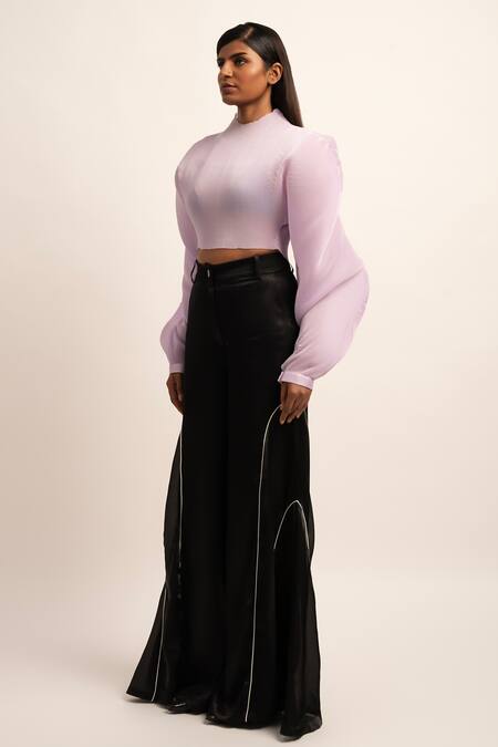 Siddhant Agrawal_Purple Organza Round Neck Fusion Flutter Balloon Sleeve Top _Online_at_Aza_Fashions