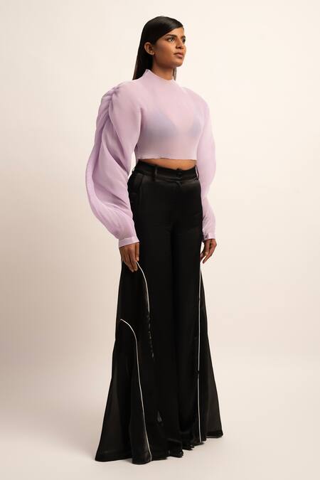 Buy_Siddhant Agrawal_Purple Organza Round Neck Fusion Flutter Balloon Sleeve Top _Online_at_Aza_Fashions
