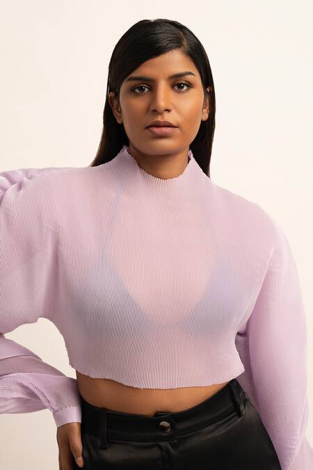 Shop_Siddhant Agrawal_Purple Organza Round Neck Fusion Flutter Balloon Sleeve Top _Online_at_Aza_Fashions