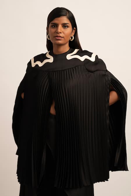 Siddhant Agrawal Black Satin, Polyester Applique Round Neck Swallowtail Placement Embroidered Top 