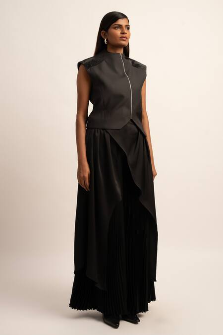 Shop Siddhant Agrawal Black Satin Chaos Cascade Trouser Online at Aza Fashions Shop_Siddhant Agrawal_Black Satin Chaos Cascade Trouser _Online_at_Aza_Fashions