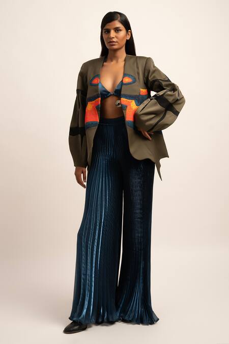 Siddhant Agrawal_Green Polyester, Viscose Embroidery Morphic Whispers Blazer _at_Aza_Fashions