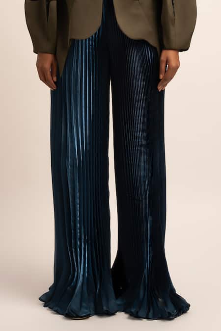 Buy Siddhant Agrawal Blue Organza Luminous Pleated Trouser Online at Aza Fashions Buy_Siddhant Agrawal_Blue Organza Luminous Pleated Trouser _Online_at_Aza_Fashions