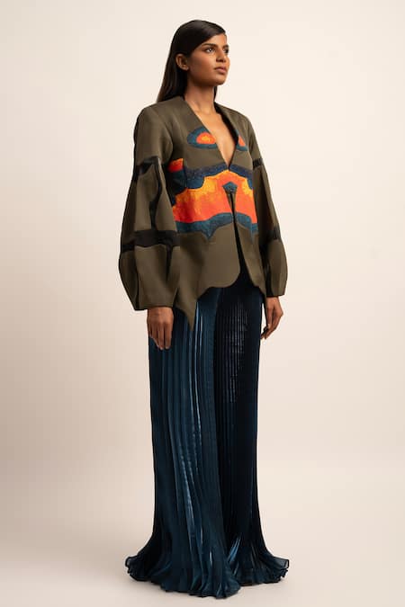 Shop Siddhant Agrawal Blue Organza Luminous Pleated Trouser Online at Aza Fashions Shop_Siddhant Agrawal_Blue Organza Luminous Pleated Trouser _Online_at_Aza_Fashions