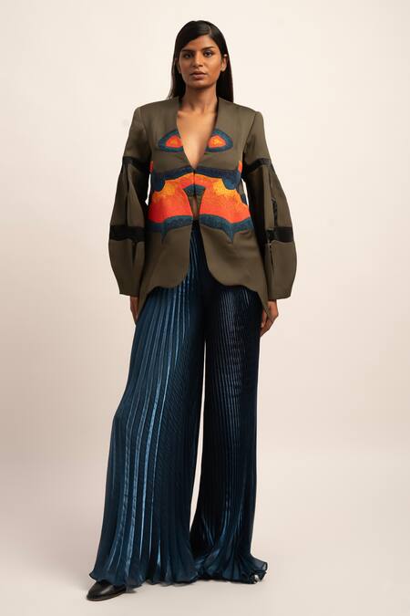 Siddhant Agrawal Green Organza, Viscose Embroidery Morphic Whispers Blazer And Pant Set 