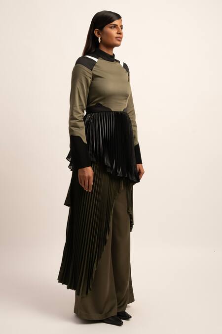Siddhant Agrawal_Green Viscose, Satin Chaos Cascade Trouser And Skirt Set _Online_at_Aza_Fashions