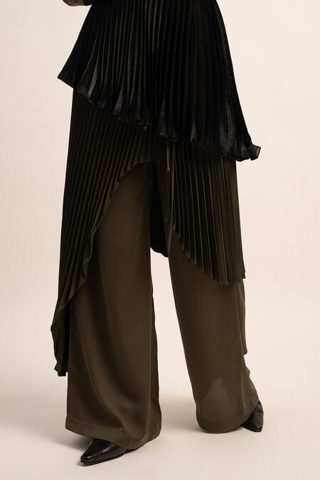 Shop_Siddhant Agrawal_Green Viscose, Satin Chaos Cascade Trouser And Skirt Set _Online_at_Aza_Fashions