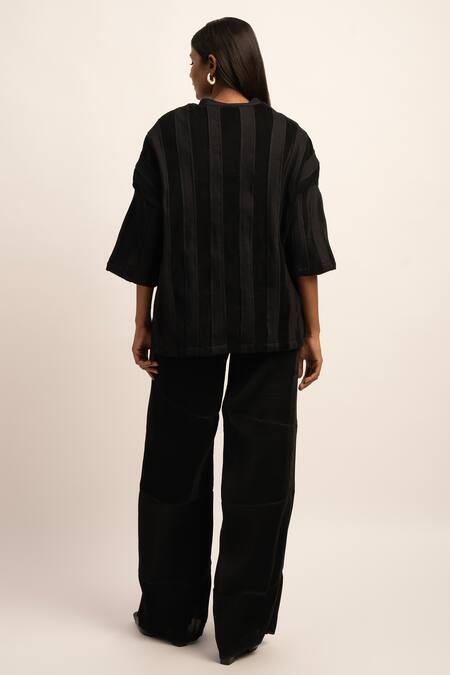 Shop Siddhant Agrawal Black Cotton, Organza Round Neck Unseen Splendor Pleated T-shirt at Aza Fashions Shop_Siddhant Agrawal_Black Cotton, Organza Round Neck Unseen Splendor Pleated T-shirt _at_Aza_Fashions