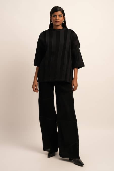 Siddhant Agrawal Black Cotton, Organza Round Neck Unseen Splendor Pleated T-shirt Online at Aza Fashions Siddhant Agrawal_Black Cotton, Organza Round Neck Unseen Splendor Pleated T-shirt _Online_at_Aza_Fashions