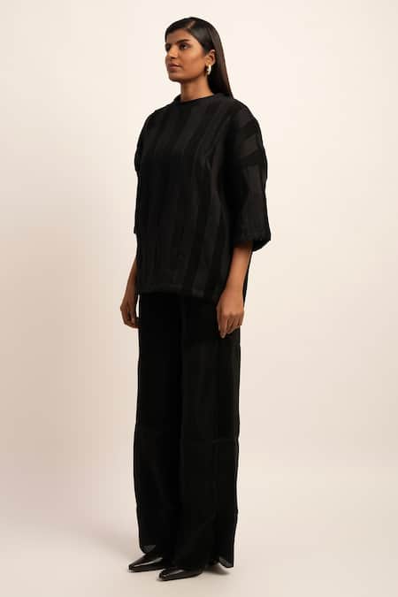 Buy Siddhant Agrawal Black Cotton, Organza Round Neck Unseen Splendor Pleated T-shirt Online at Aza Fashions Buy_Siddhant Agrawal_Black Cotton, Organza Round Neck Unseen Splendor Pleated T-shirt _Online_at_Aza_Fashions