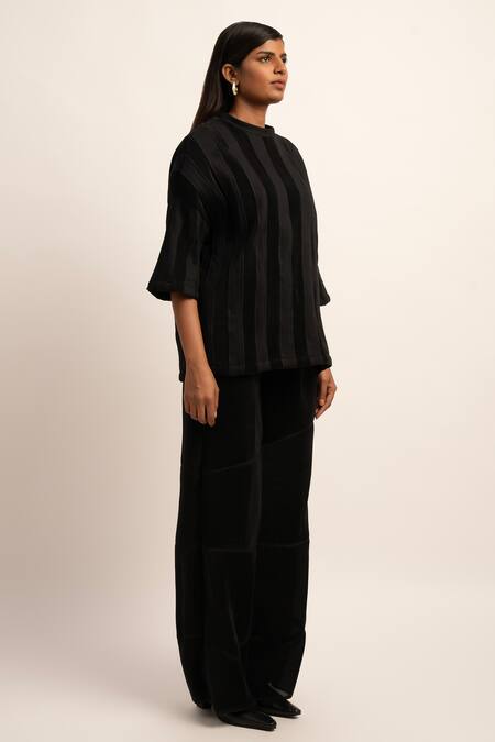 Shop Siddhant Agrawal Black Cotton, Organza Round Neck Unseen Splendor Pleated T-shirt Online at Aza Fashions Shop_Siddhant Agrawal_Black Cotton, Organza Round Neck Unseen Splendor Pleated T-shirt _Online_at_Aza_Fashions