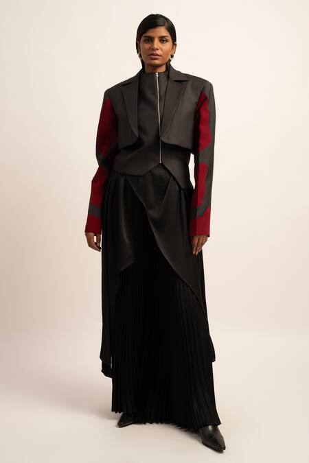 Siddhant Agrawal Grey Polyester, Satin Embroidery Seraphic Symphony Cropped Blazer Online at Aza Fashions Siddhant Agrawal_Grey Polyester, Satin Embroidery Seraphic Symphony Cropped Blazer _Online_at_Aza_Fashions