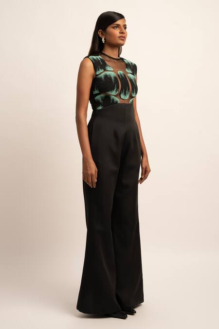 Buy_Siddhant Agrawal_Black Tulle, Viscose, Polyester Beads Round Neck Dreamwave Work Jumpsuit _Online_at_Aza_Fashions