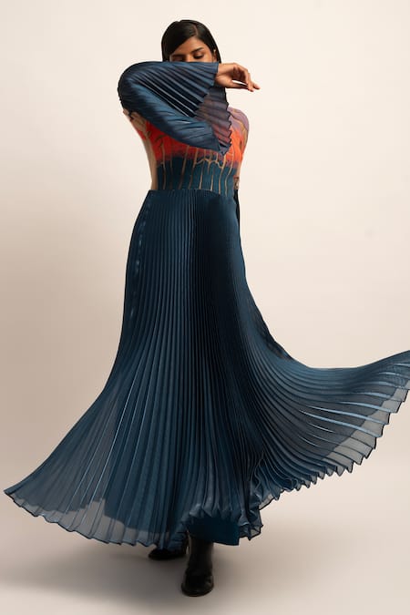 Siddhant Agrawal_Blue Tulle, Organza, Polyester Beads Round Luminous Flutter Embroidered Gown _Online_at_Aza_Fashions