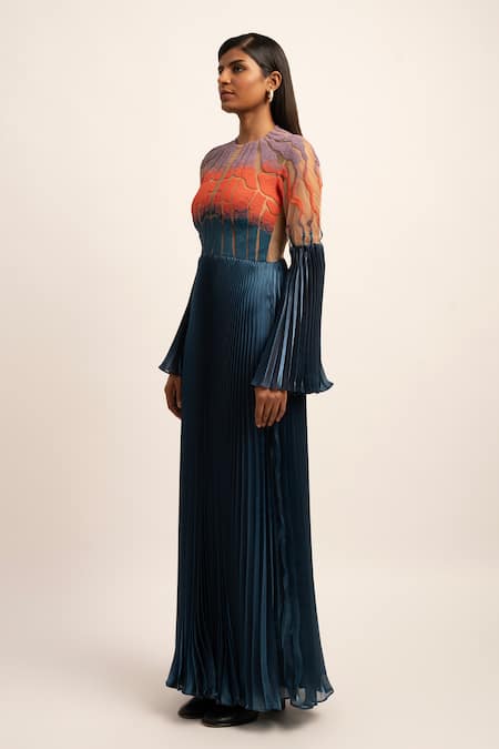 Buy_Siddhant Agrawal_Blue Tulle, Organza, Polyester Beads Round Luminous Flutter Embroidered Gown _Online_at_Aza_Fashions