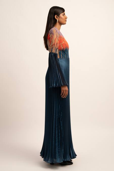 Shop_Siddhant Agrawal_Blue Tulle, Organza, Polyester Beads Round Luminous Flutter Embroidered Gown _Online_at_Aza_Fashions