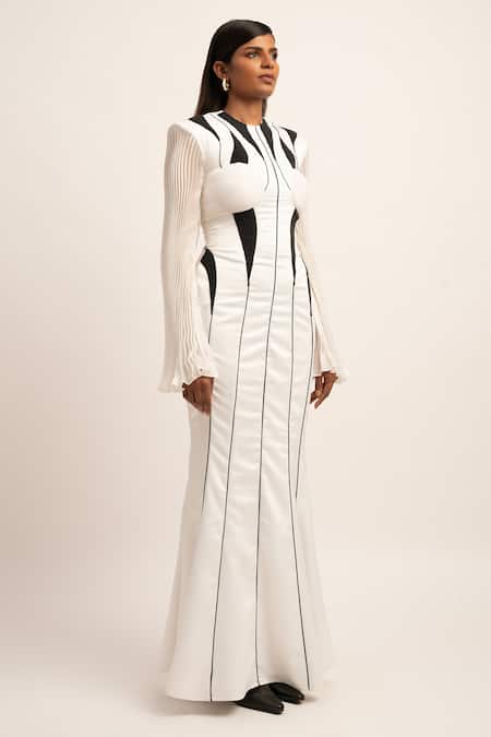 Buy_Siddhant Agrawal_White Modal, Organza Beads Round Neck Metamorphix Work Gown _Online_at_Aza_Fashions