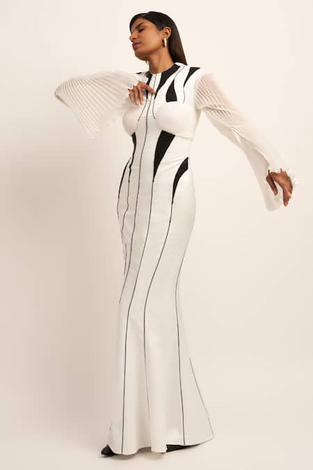 Shop_Siddhant Agrawal_White Modal, Organza Beads Round Neck Metamorphix Work Gown _Online_at_Aza_Fashions