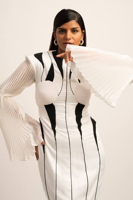 Siddhant Agrawal_White Modal, Organza Beads Round Neck Metamorphix Work Gown _at_Aza_Fashions