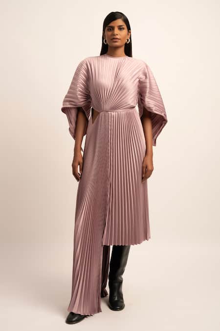 Siddhant Agrawal_Pink Satin, Crepe Round Neck Sculpted Harmony Pleated Dress _Online_at_Aza_Fashions