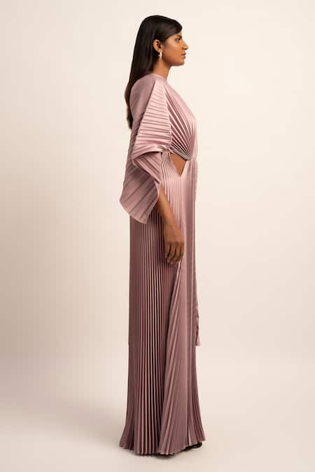 Buy_Siddhant Agrawal_Pink Satin, Crepe Round Neck Sculpted Harmony Pleated Dress _Online_at_Aza_Fashions